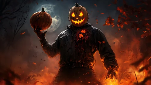 Menacing pumpkin-headed figure stalks through fiery night