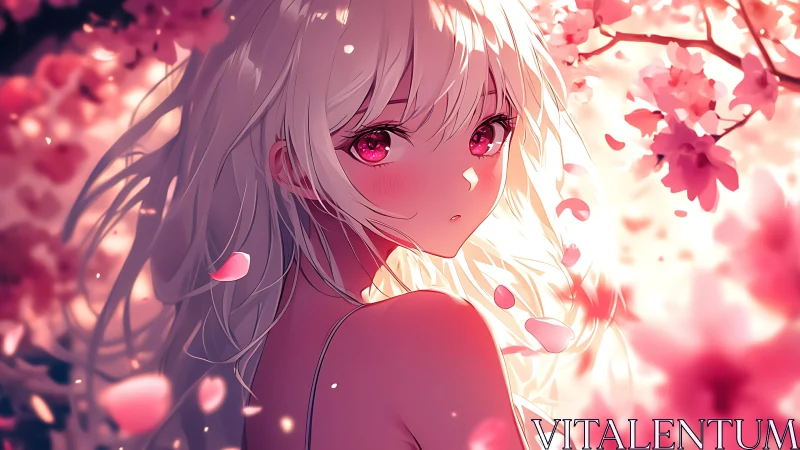 Blonde anime girl amid glowing cherry blossom petals.