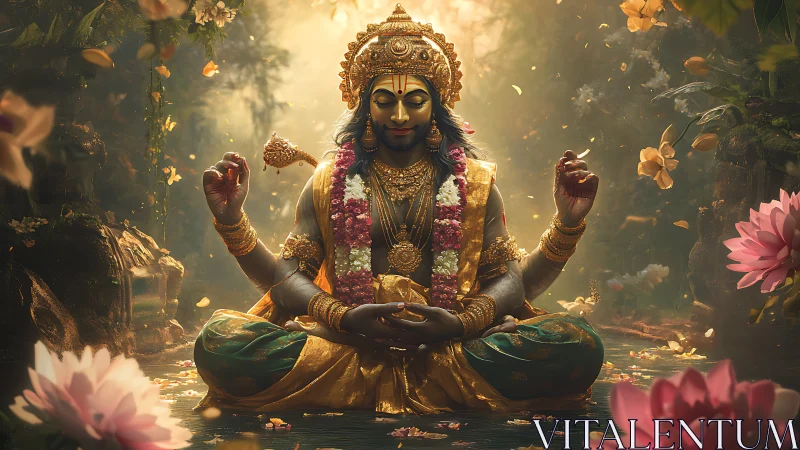 Divine yogic figure in lotus pose rendered as luminous digital art