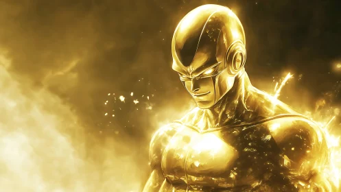 Golden humanoid figure stands in luminous, high-contrast environment