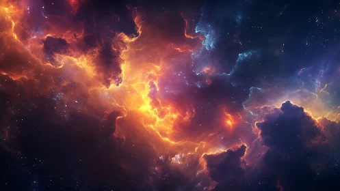 Volumetric nebula clouds with emissive plasma cores and starfield