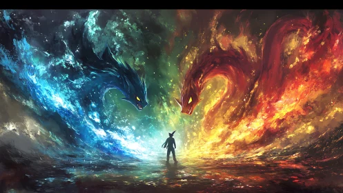 Silhouette confronts elemental fire and water dragons