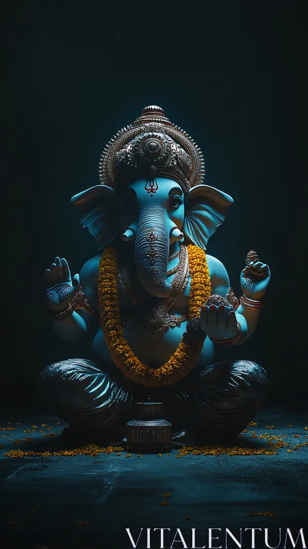 Blue Ganesha idol sits centered with garland and offerings