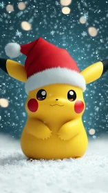 Cute yellow mascot in Santa hat on snowy winter scene.
