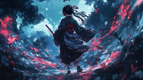 Lone samurai commands swirling neon storm of petals.