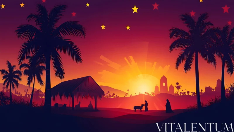 Nativity silhouette at radiant desert sunset horizon.