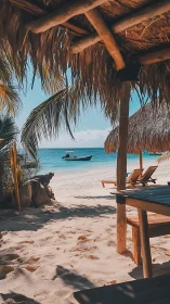 Thatched Tropical Pavilion: Coastal Retreat with Palm Framing.