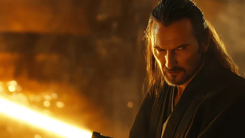 Male figure holds glowing blade in warm cinematic lighting