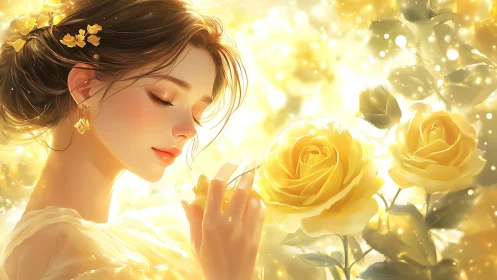 Luminous golden portrait with roses in high-key digital light.