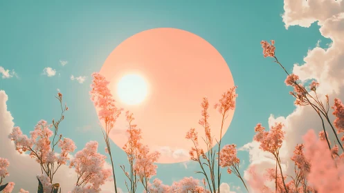 Pastel flowers before large stylized sun in teal sky.