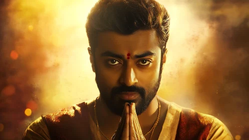 Cinematic close-up of praying man with warm volumetric backlight