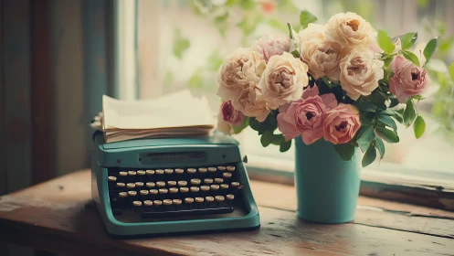 Vintage teal typewriter with pastel roses in soft window light.