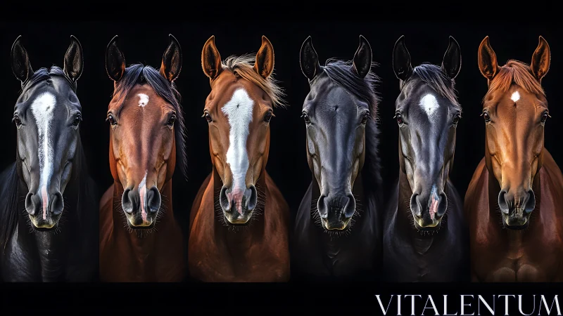 Equine portrait lineup under dramatic high-contrast lighting.