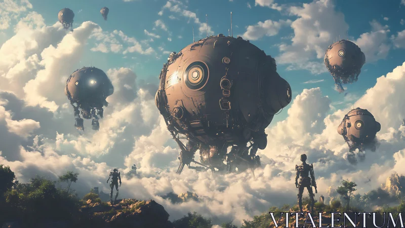 Spherical mech airships over cloud sea with observing androids