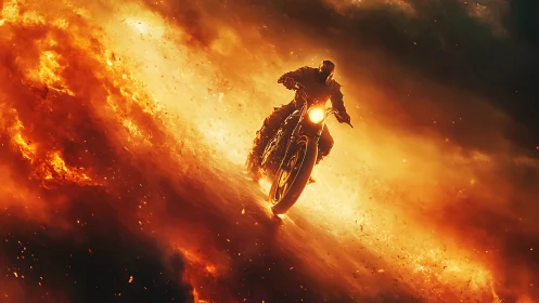 Lone biker races through blazing skies of fiery light.