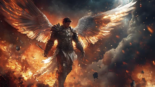 Flaming skyborn angel strides through stormlit battlefield.