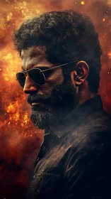 Volumetric side-portrait against combustive bokeh firefield.