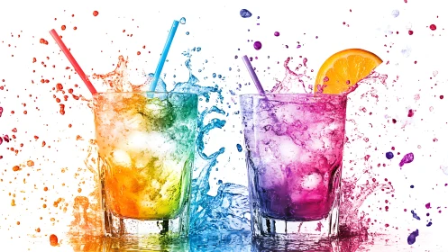 Vibrant Splash Photography: Dynamic Beverage Compositions with Chromatic Splatter Effects.