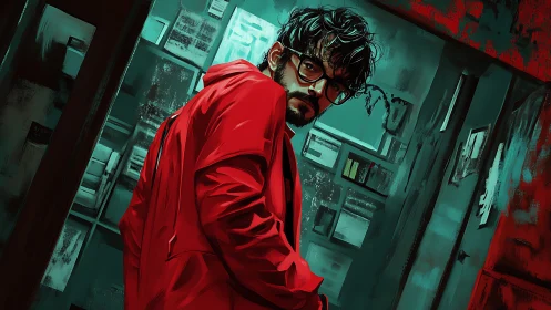 Hacker in red coat under teal neon light in abstract corridor.