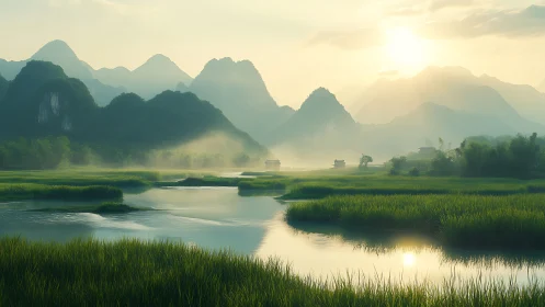 Misty river valley at sunrise glows over layered jade hills.