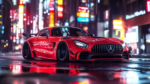 Sleek red sports car dominates neon soaked city street at night.