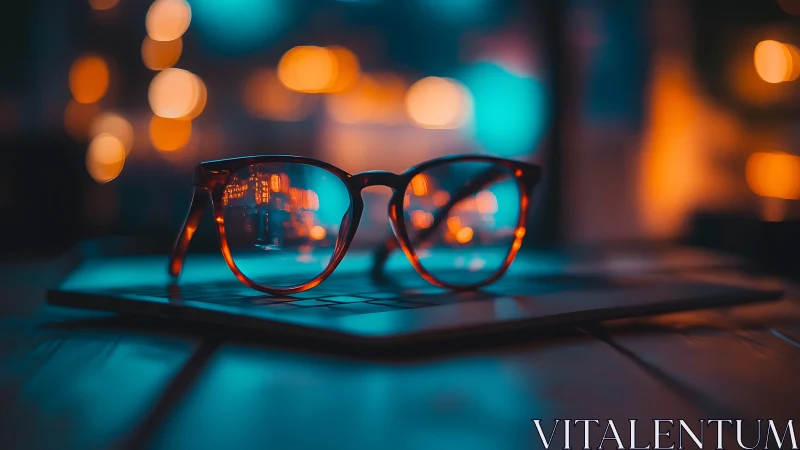 Glasses on laptop reflecting bokeh city lights in shallow focus