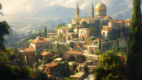 Terraced hillside city with domed temple and tall cypresses.