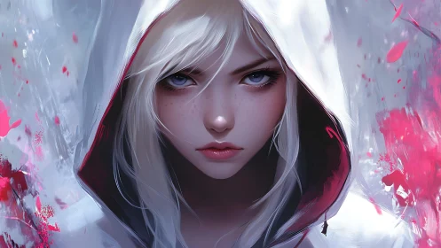 White hooded female portrait with abstract color accents.