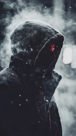 Hooded figure in backlit winter fog with high-contrast bokeh