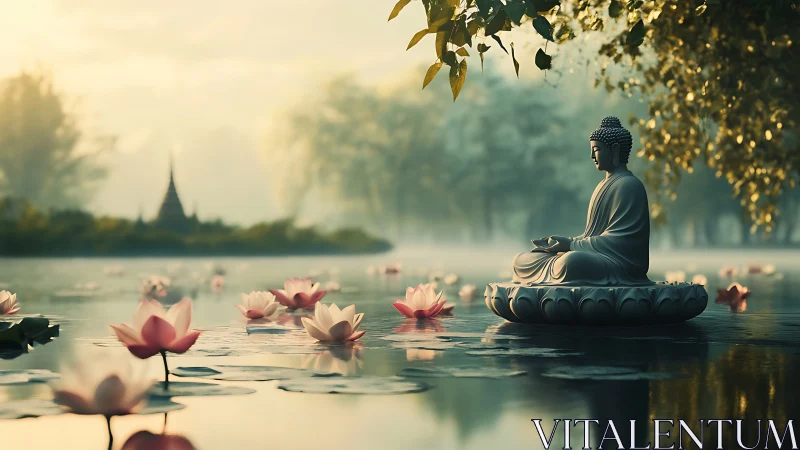 Lotus-drifting silence cradles a meditating Buddha at dawn