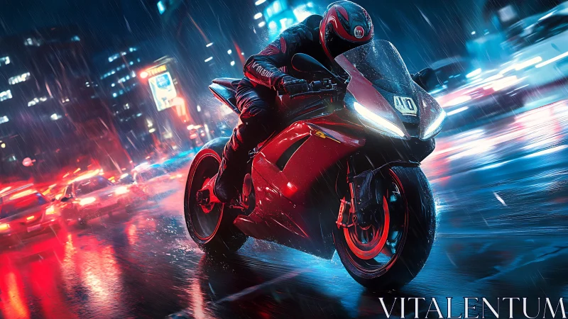 Sport bike leans into wet neon city street with dynamic rain streaks
