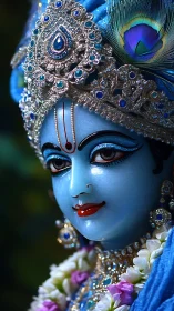 Blue Hindu deity statue in ornate jeweled headdress.