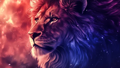 Radiant cosmic lion gazing into a glowing starry horizon.