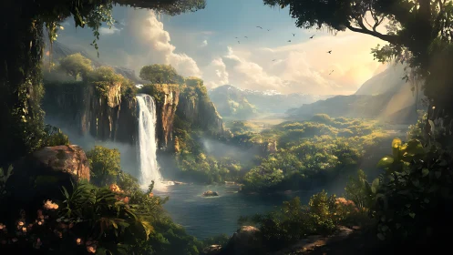Luminous cliffside waterfall in panoramic fantasy rainforest basin.