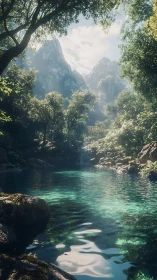 Sunlit forest lagoon mirrors misty mountains beyond.