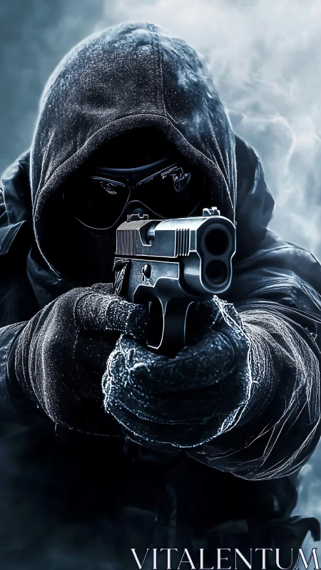 Hooded gunman aims forward through icy smoke and shadow