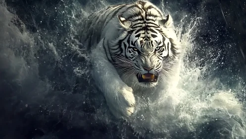 White tiger surge through stormy surf with dynamic splash detail