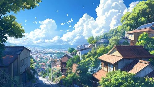 Sunlit hillside residential district with distant urban panorama.