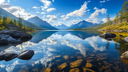 Mountain lake mirror where quiet skies meet clear water.