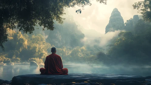 Riverstone monk adrift in morning mist and emerald silence.