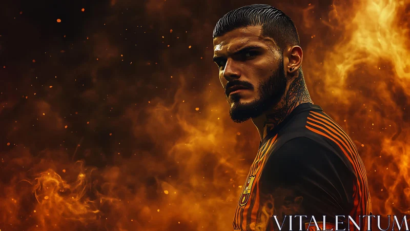 Tattooed football firebrand storms through blazing inferno.