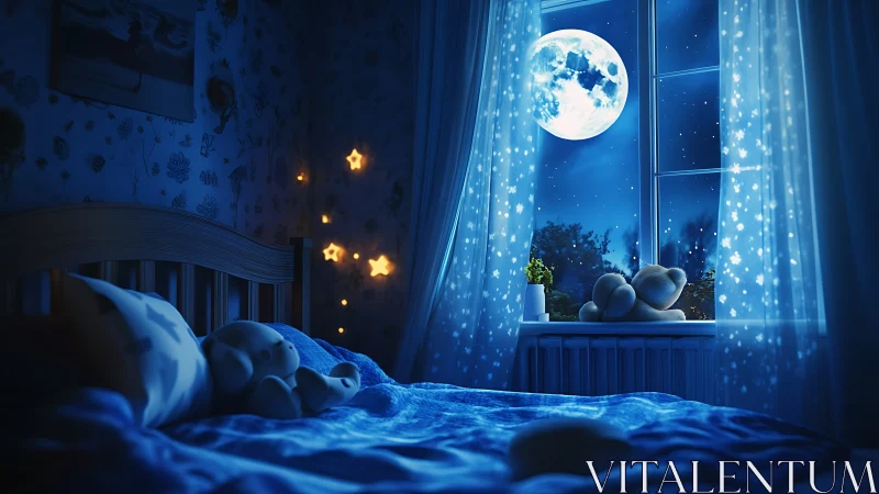 Children’s bedroom with moonlit window and soft toys.