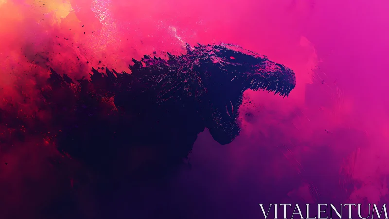 Roaring shadow kaiju emerges from neon magenta storm