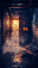 Rusted industrial corridor door glows with ominous backlight.