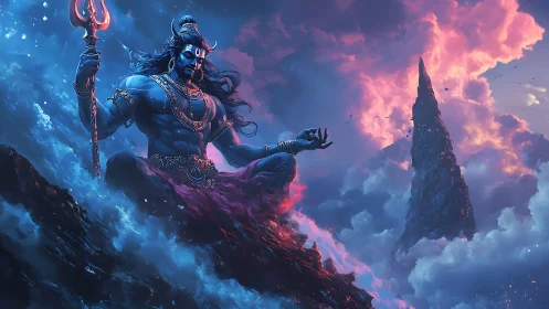 Mythic blue deity meditates amid storm clouds and volcanic spire