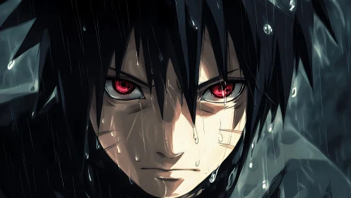 Intense anime boy with red eyes standing in heavy rain.