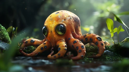 Tiny forest octopus pauses mid-wander, dreaming of rivers