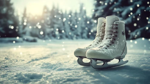 Winter skates wait quietly as snowflakes choreograph light