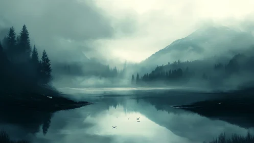 Misty alpine lake reflects conifer silhouettes in muted cyan tones