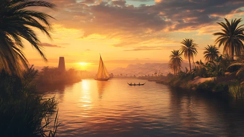 Sunset-sailed river cradles palm-bright desert silence